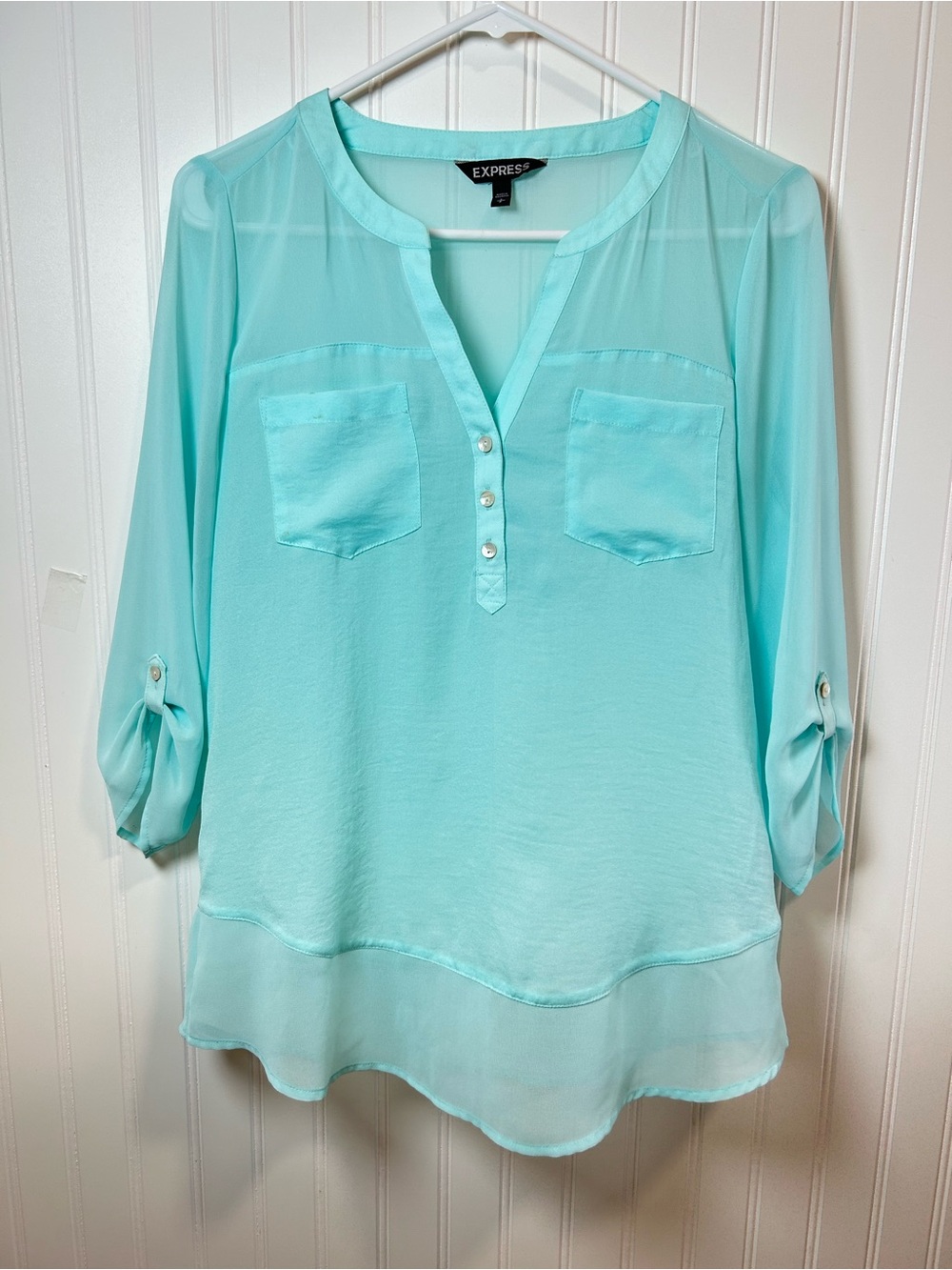 Express Women's Light Aqua Henley Blouse